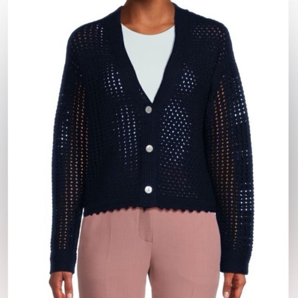 VINCE navy organic cotton crochet knit scalloped cropped cardigan Plus Sz 1X